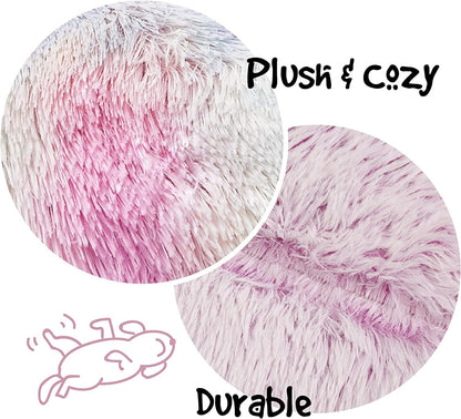Faux Fur Donut Dog Bed - Plush Calming Sofa for Large Dogs, Anti-Anxiety Pet Couch, Machine Washable with Non-Slip Bottom, 36" x 36" x 8", Rainbow Design