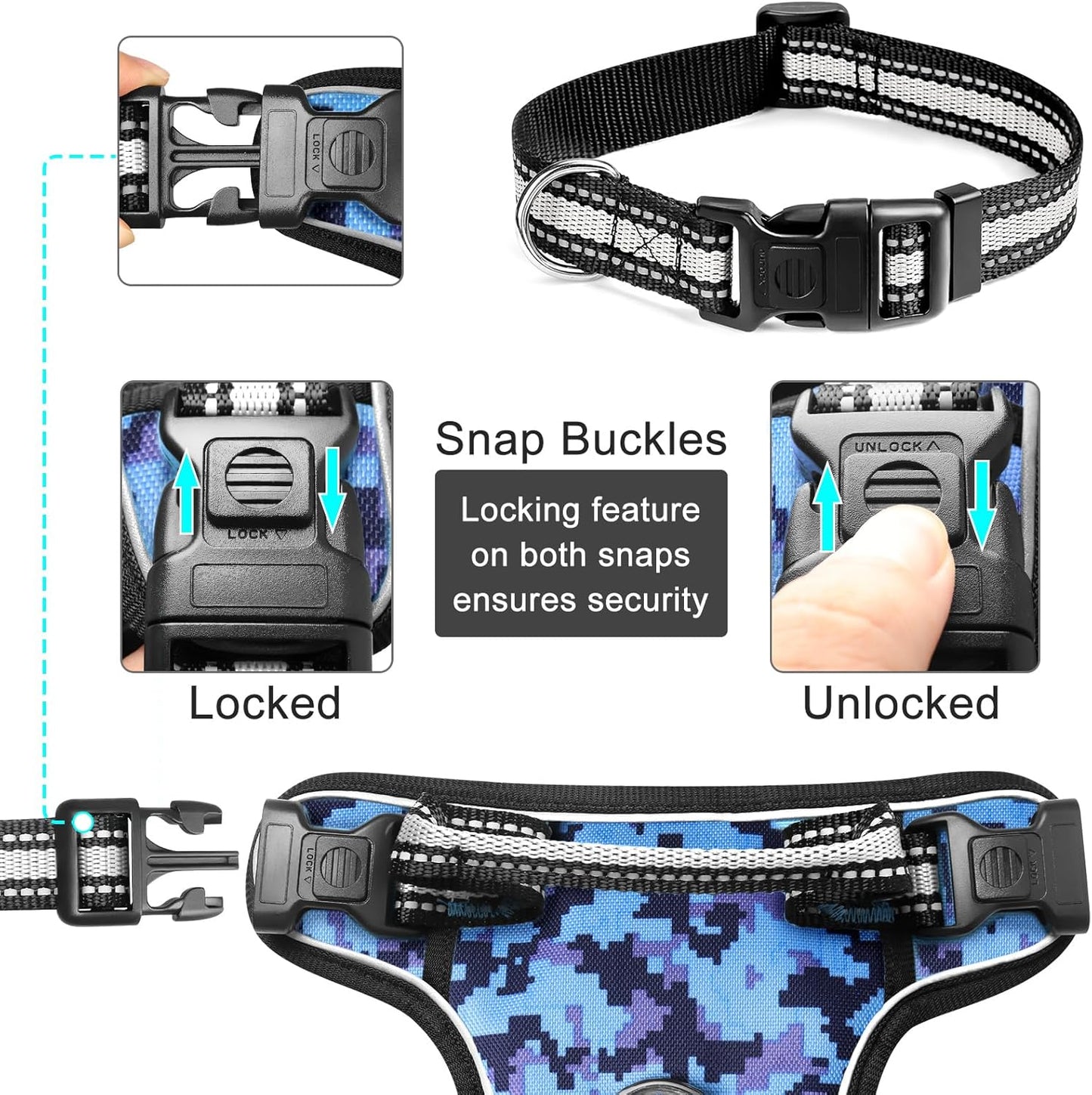 No-Pull Dog Harness with Collar, Adjustable Reflective Oxford Vest for Outdoor Use, Front/Back Leash Clips for Dogs of All Sizes, Easy Control Handle for Walking