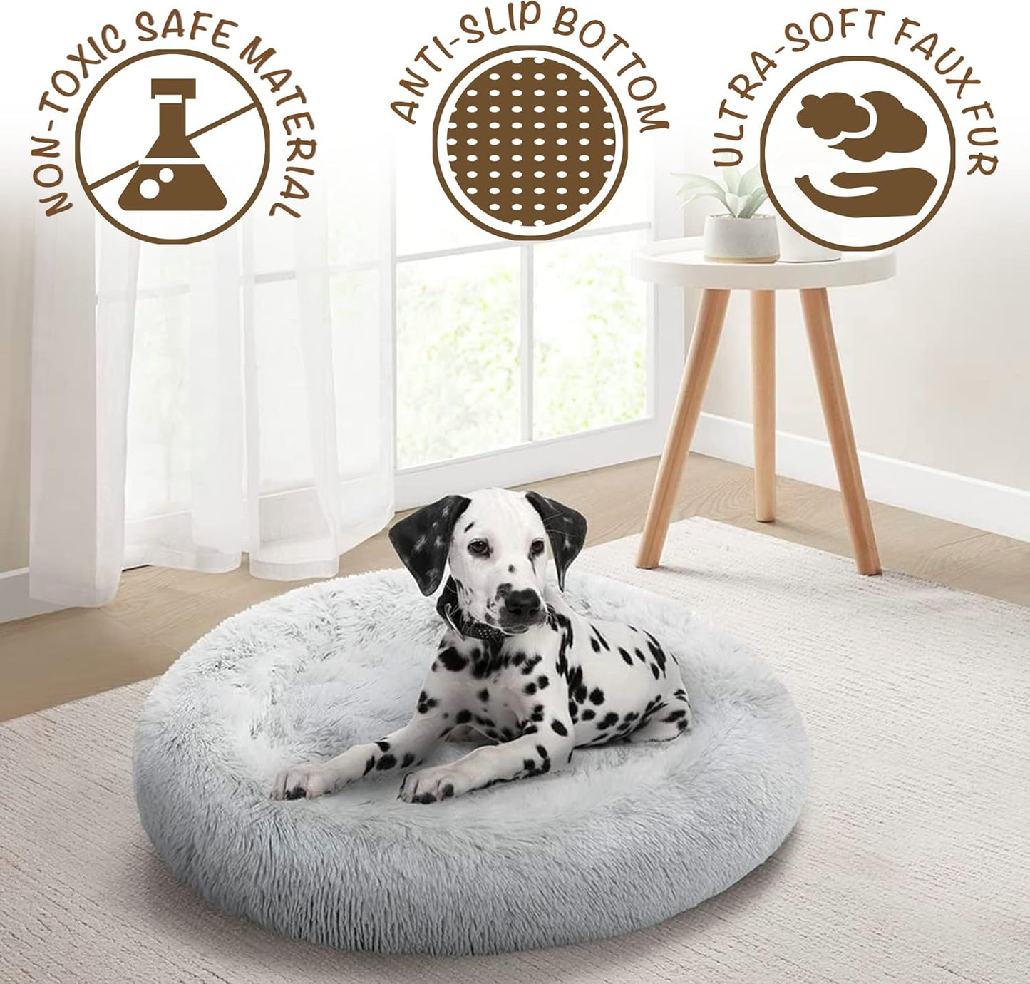 Faux Fur Donut Dog Bed - Fluffy Calming Sofa for Small Dogs, Soft & Plush Anti-Anxiety Pet Couch, Machine Washable with Non-Slip Bottom, 23" x 23" x 6", Ivory