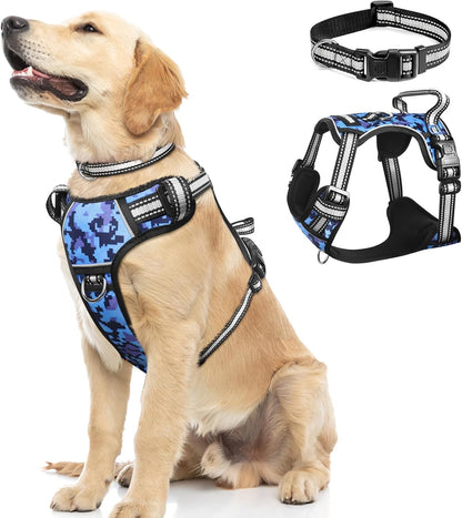 No-Pull Dog Harness with Collar, Adjustable Reflective Oxford Vest for Outdoor Use, Front/Back Leash Clips for Dogs of All Sizes, Easy Control Handle for Walking