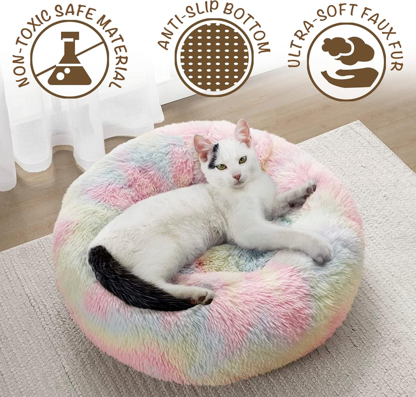 Faux Fur Donut Dog Bed - Plush Calming Sofa for Large Dogs, Anti-Anxiety Pet Couch, Machine Washable with Non-Slip Bottom, 36" x 36" x 8", Rainbow Design