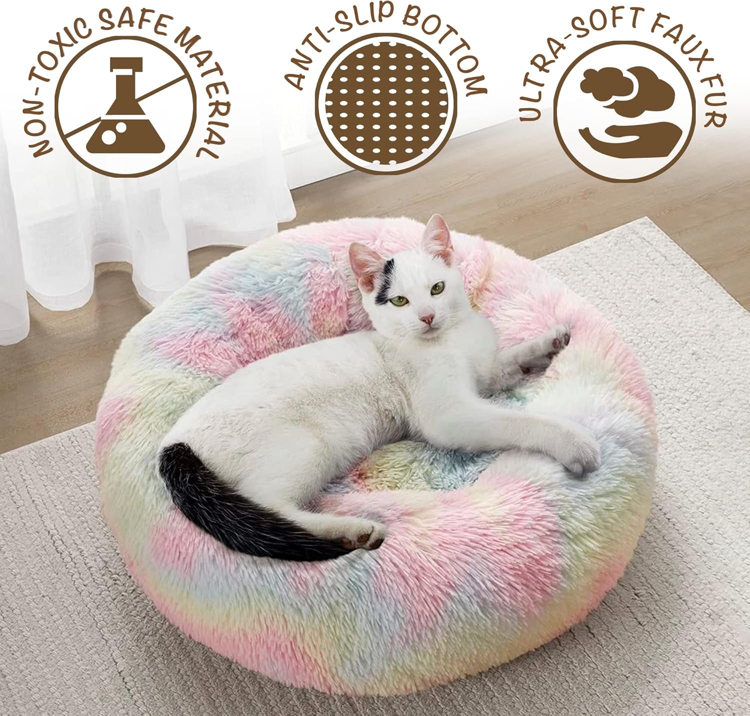 Faux Fur Donut Dog Bed - Plush Calming Sofa for Large Dogs, Anti-Anxiety Pet Couch, Machine Washable with Non-Slip Bottom, 36" x 36" x 8", Rainbow Design