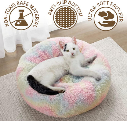 Faux Fur Donut Dog Bed - Plush Calming Sofa for Large Dogs, Anti-Anxiety Pet Couch, Machine Washable with Non-Slip Bottom, 36" x 36" x 8", Rainbow Design