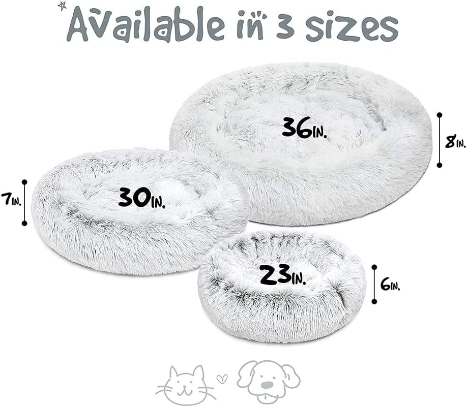 Faux Fur Donut Dog Bed - Fluffy Calming Sofa for Small Dogs, Soft & Plush Anti-Anxiety Pet Couch, Machine Washable with Non-Slip Bottom, 23" x 23" x 6", Ivory