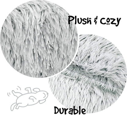 Faux Fur Donut Dog Bed - Fluffy Calming Sofa for Small Dogs, Soft & Plush Anti-Anxiety Pet Couch, Machine Washable with Non-Slip Bottom, 23" x 23" x 6", Ivory
