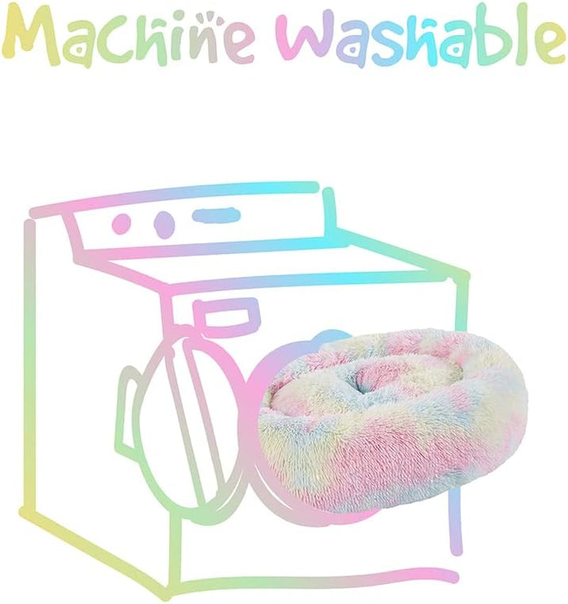 Faux Fur Donut Dog Bed - Plush Calming Sofa for Large Dogs, Anti-Anxiety Pet Couch, Machine Washable with Non-Slip Bottom, 36" x 36" x 8", Rainbow Design