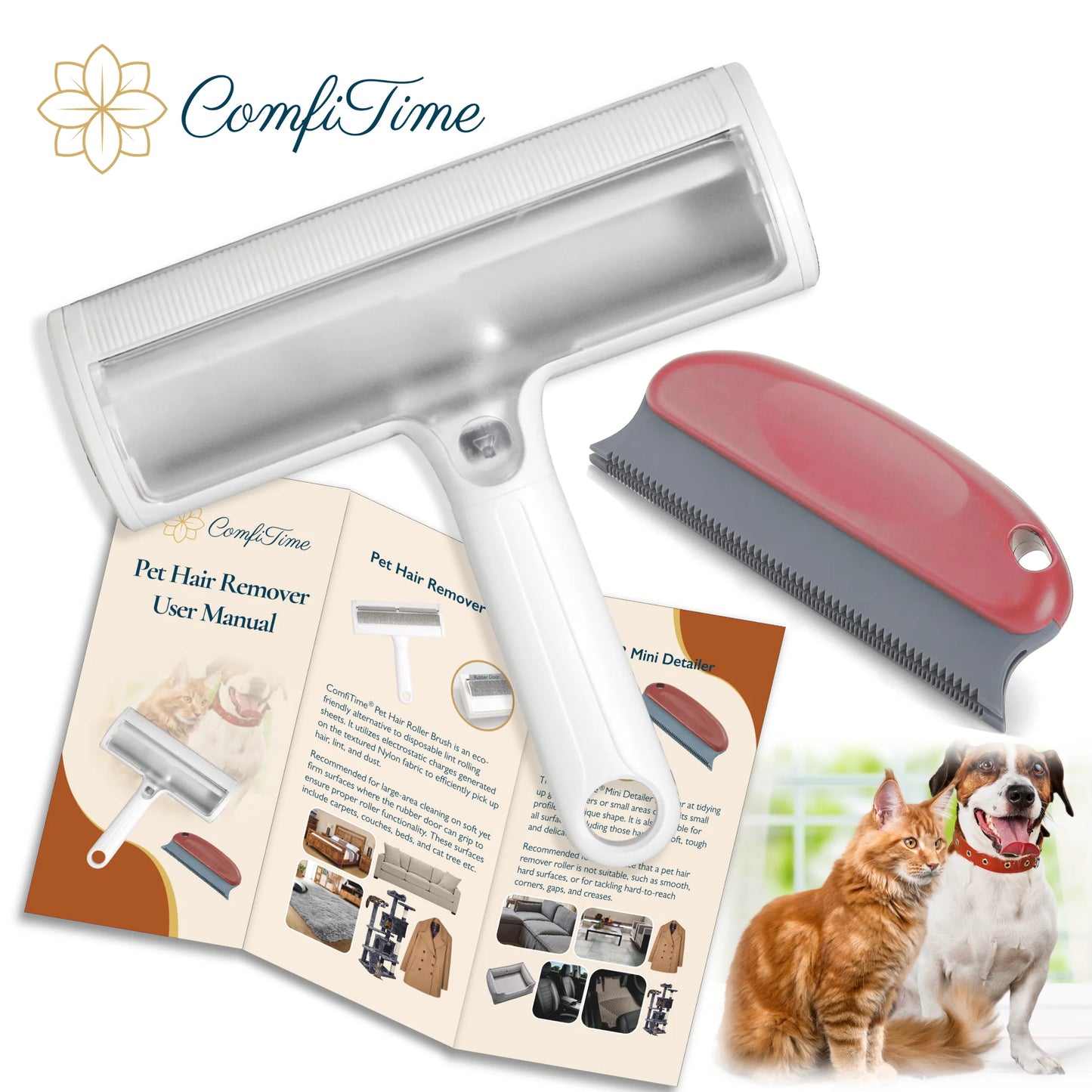 Pet Hair Removal Set - Reusable Lint Roller and Detailer for Efficient Pet Fur Removal from Furniture, Carpets, Clothing, and Bedding, Portable and User-Friendly Tool