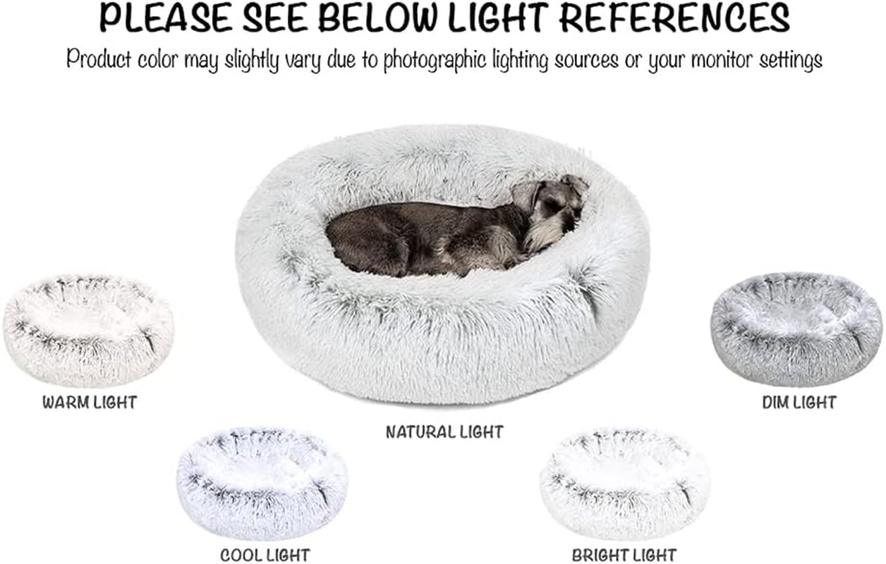 Faux Fur Donut Dog Bed - Fluffy Calming Sofa for Small Dogs, Soft & Plush Anti-Anxiety Pet Couch, Machine Washable with Non-Slip Bottom, 23" x 23" x 6", Ivory