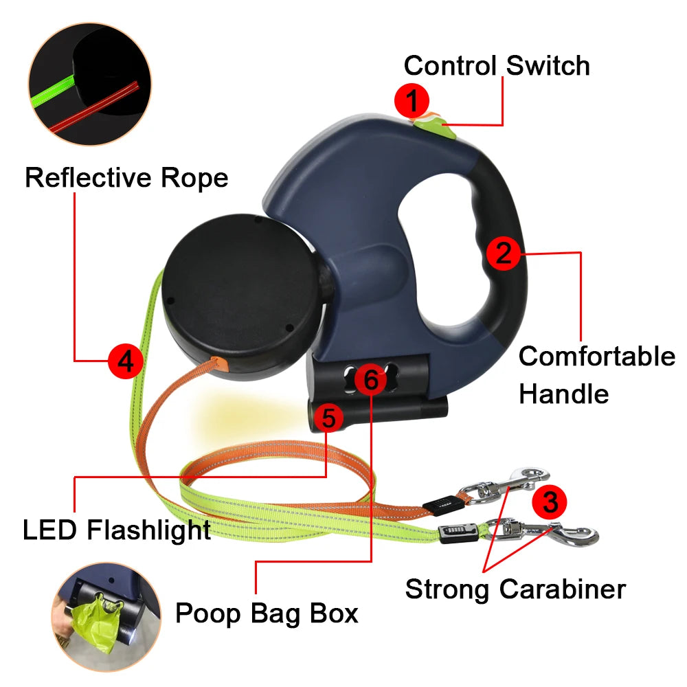 3M Reflective Retractable Dual Dog Leash for Small Dogs with 360-Degree Swivel and Integrated Lights