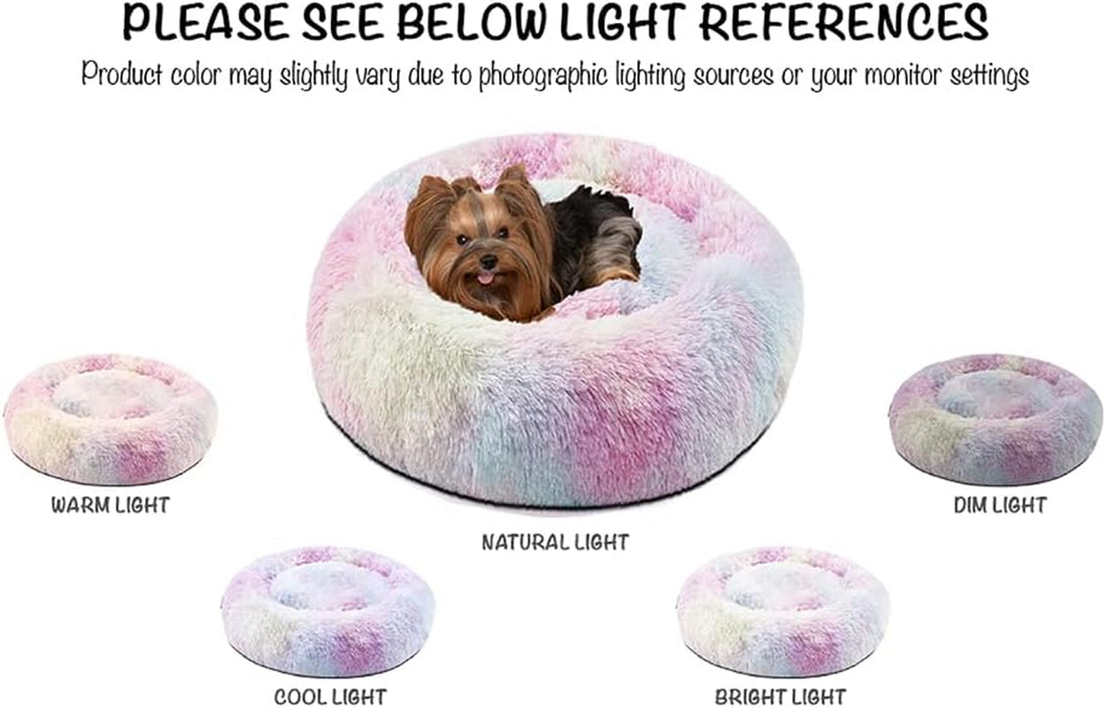 Faux Fur Donut Dog Bed - Plush Calming Sofa for Large Dogs, Anti-Anxiety Pet Couch, Machine Washable with Non-Slip Bottom, 36" x 36" x 8", Rainbow Design