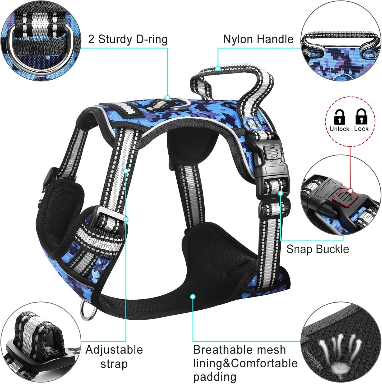 No-Pull Dog Harness with Collar, Adjustable Reflective Oxford Vest for Outdoor Use, Front/Back Leash Clips for Dogs of All Sizes, Easy Control Handle for Walking