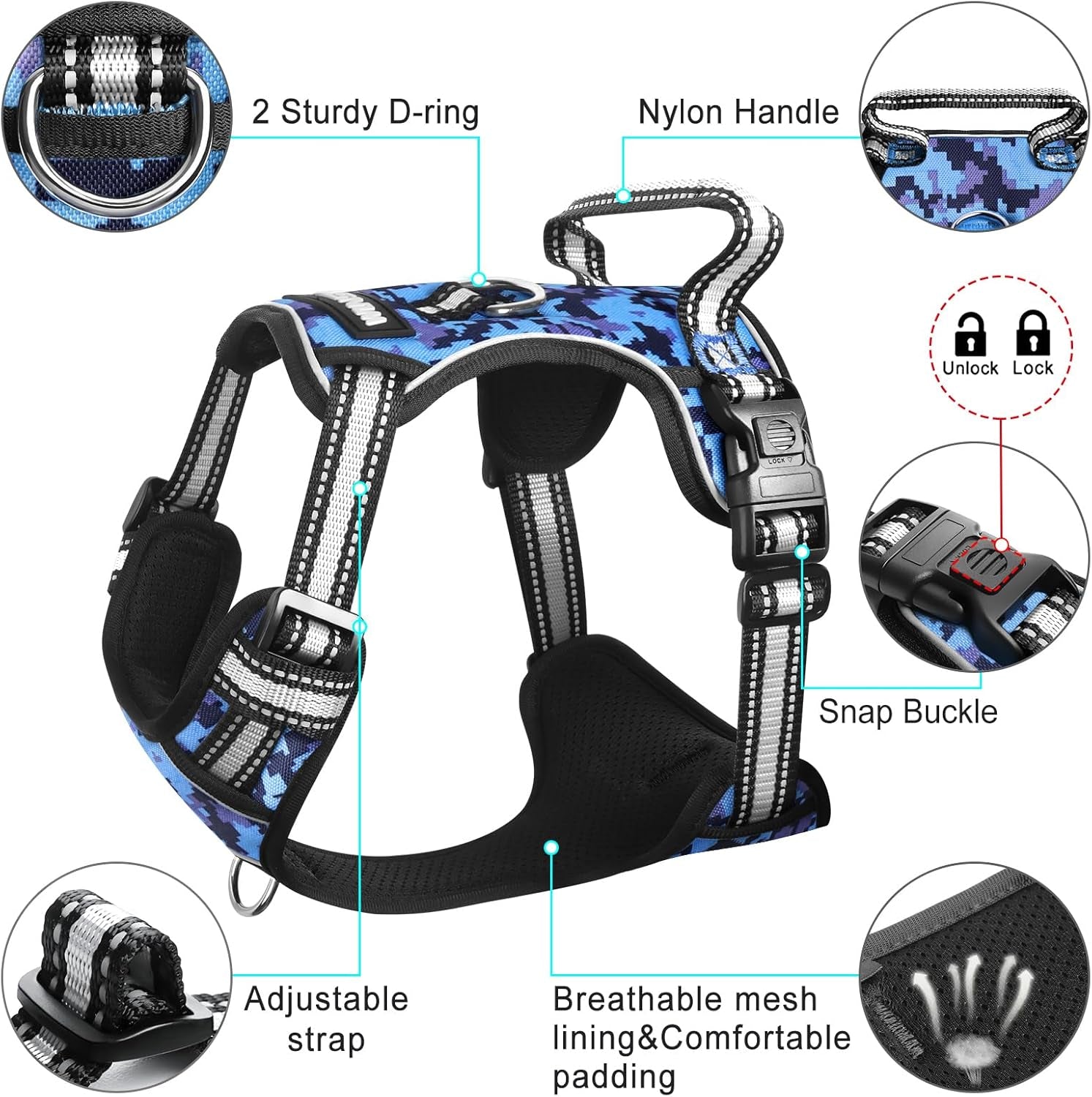 No-Pull Dog Harness with Collar, Adjustable Reflective Oxford Vest for Outdoor Use, Front/Back Leash Clips for Dogs of All Sizes, Easy Control Handle for Walking