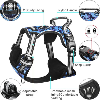 No-Pull Dog Harness with Collar, Adjustable Reflective Oxford Vest for Outdoor Use, Front/Back Leash Clips for Dogs of All Sizes, Easy Control Handle for Walking