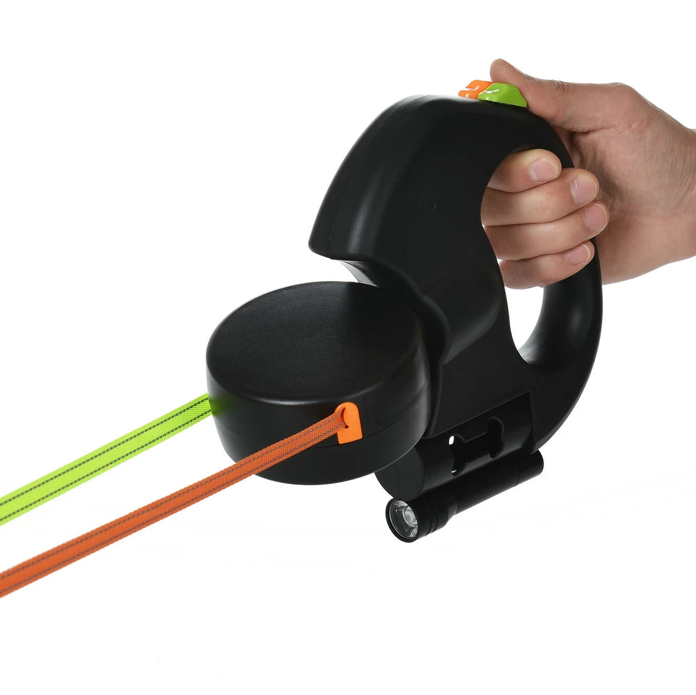 3M Reflective Retractable Dual Dog Leash for Small Dogs with 360-Degree Swivel and Integrated Lights
