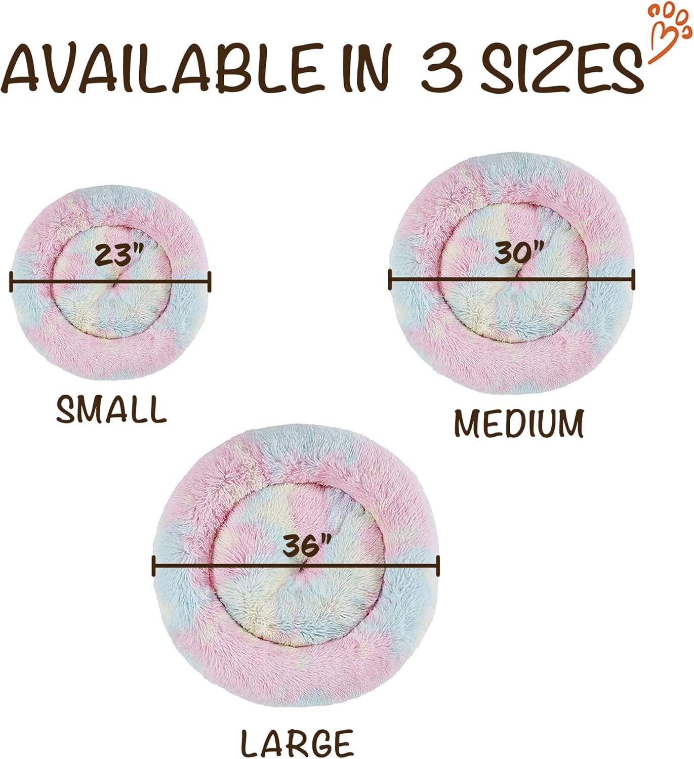 Faux Fur Donut Dog Bed - Plush Calming Sofa for Large Dogs, Anti-Anxiety Pet Couch, Machine Washable with Non-Slip Bottom, 36" x 36" x 8", Rainbow Design