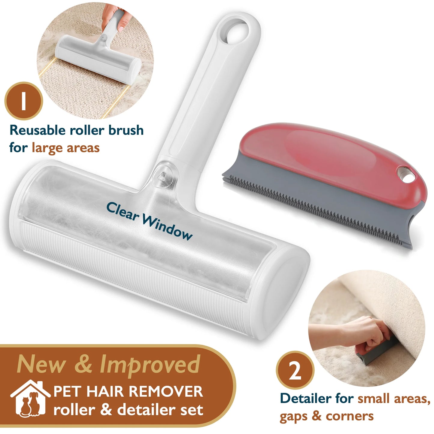 Pet Hair Removal Set - Reusable Lint Roller and Detailer for Efficient Pet Fur Removal from Furniture, Carpets, Clothing, and Bedding, Portable and User-Friendly Tool