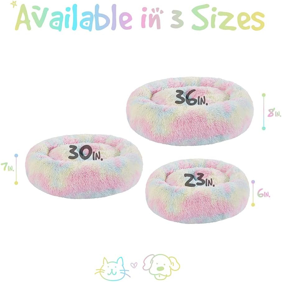 Faux Fur Donut Dog Bed - Plush Calming Sofa for Large Dogs, Anti-Anxiety Pet Couch, Machine Washable with Non-Slip Bottom, 36" x 36" x 8", Rainbow Design