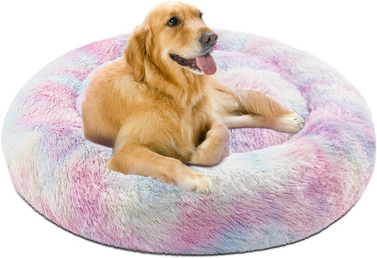 Faux Fur Donut Dog Bed - Plush Calming Sofa for Large Dogs, Anti-Anxiety Pet Couch, Machine Washable with Non-Slip Bottom, 36" x 36" x 8", Rainbow Design