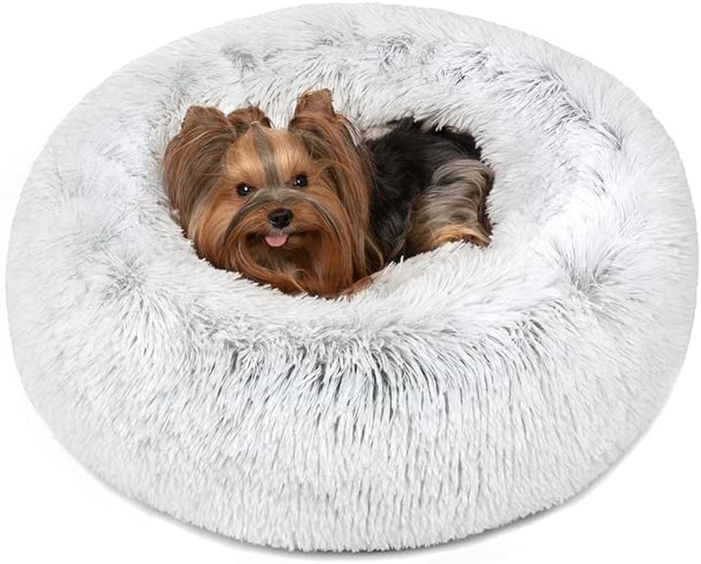 Faux Fur Donut Dog Bed - Fluffy Calming Sofa for Small Dogs, Soft & Plush Anti-Anxiety Pet Couch, Machine Washable with Non-Slip Bottom, 23" x 23" x 6", Ivory