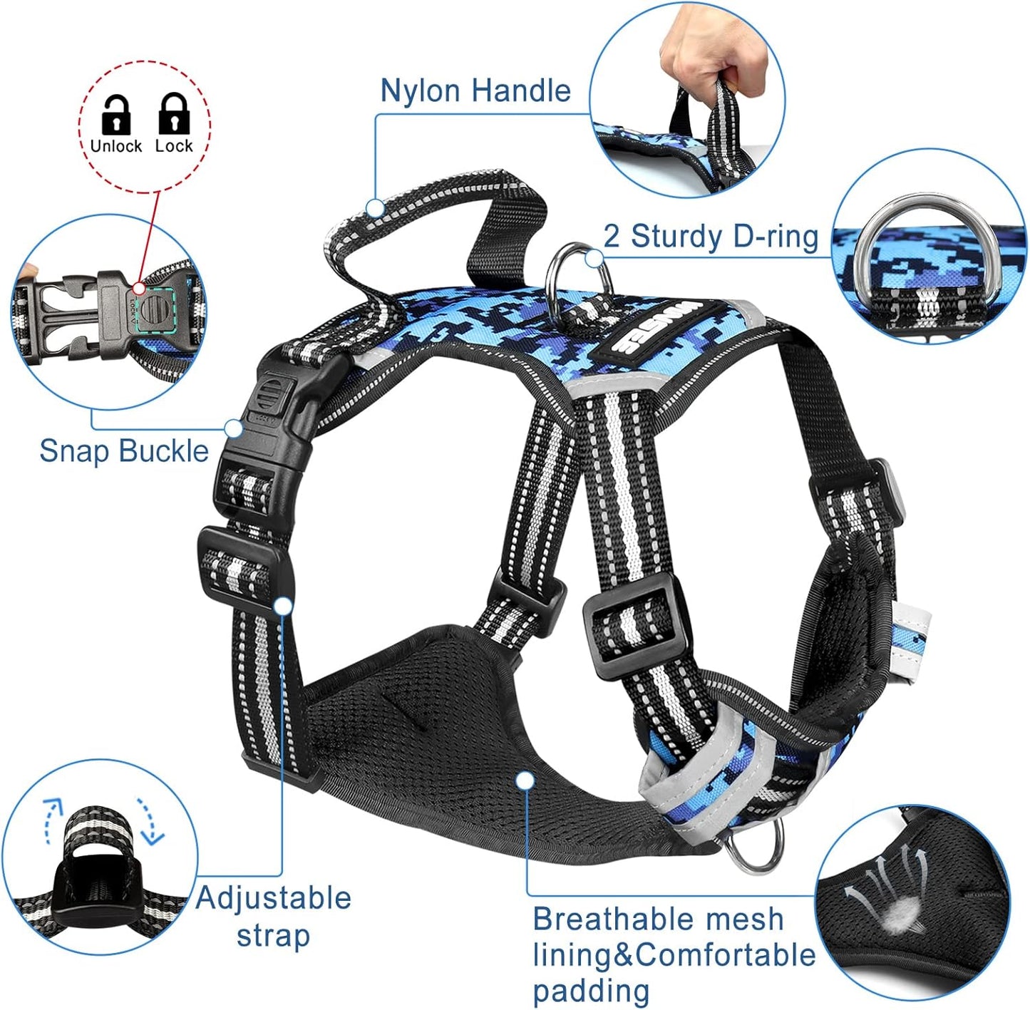 No-Pull Dog Harness with Collar, Adjustable Reflective Oxford Vest for Outdoor Use, Front/Back Leash Clips for Dogs of All Sizes, Easy Control Handle for Walking