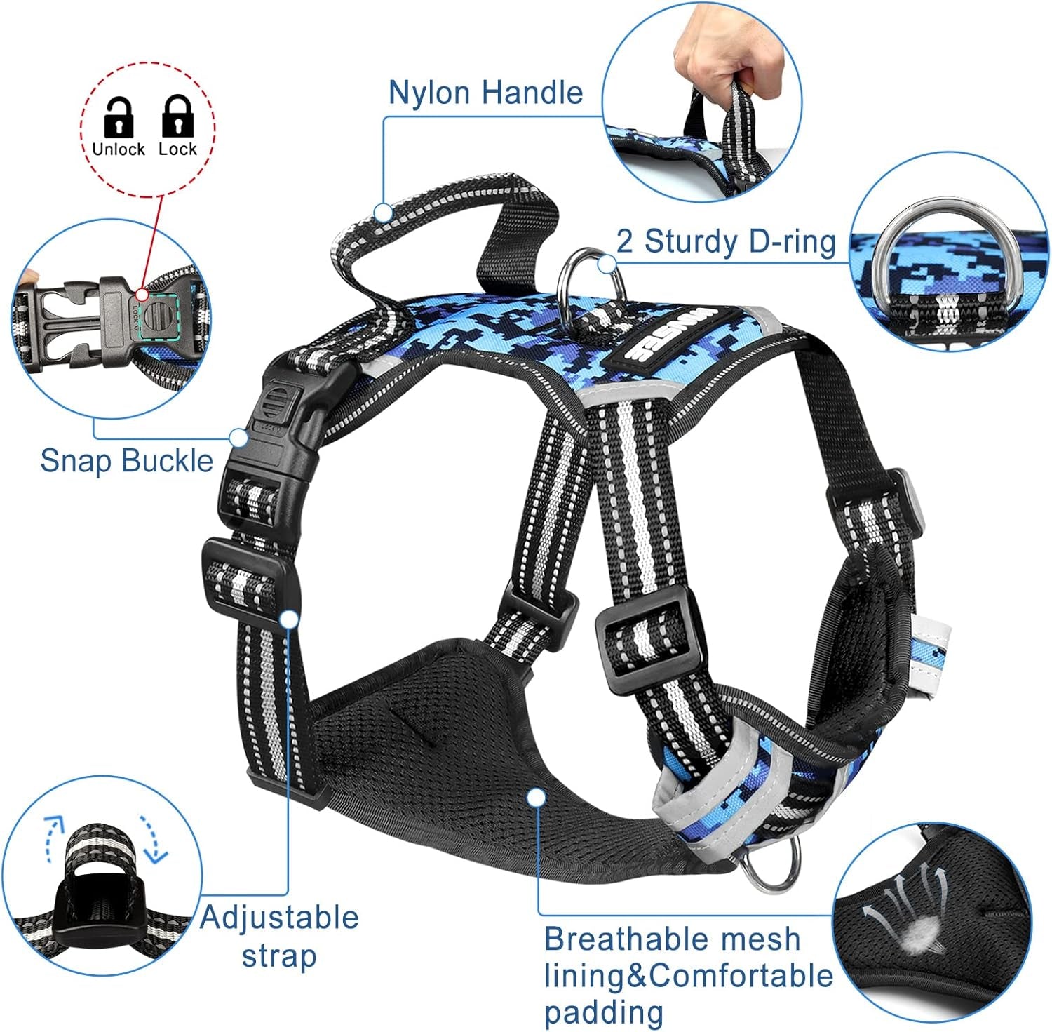 No-Pull Dog Harness with Collar, Adjustable Reflective Oxford Vest for Outdoor Use, Front/Back Leash Clips for Dogs of All Sizes, Easy Control Handle for Walking