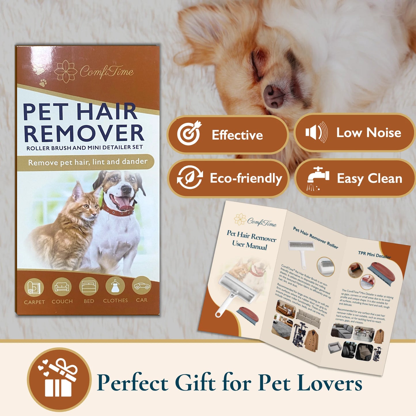 Pet Hair Removal Set - Reusable Lint Roller and Detailer for Efficient Pet Fur Removal from Furniture, Carpets, Clothing, and Bedding, Portable and User-Friendly Tool