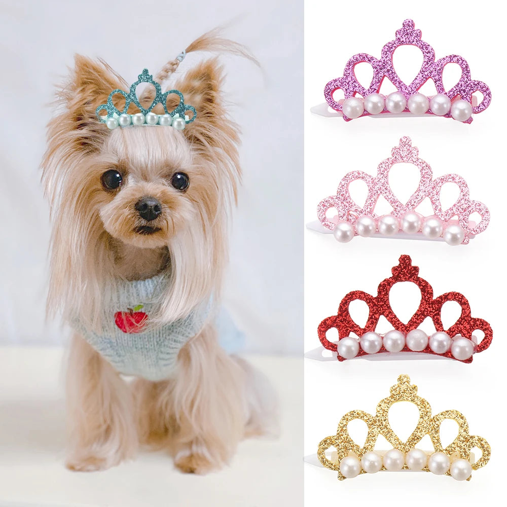 Faux Pearl Crown Hair Clips for Small Dogs and Cats - Elegant Hair Accessories for Pet Grooming and Decoration