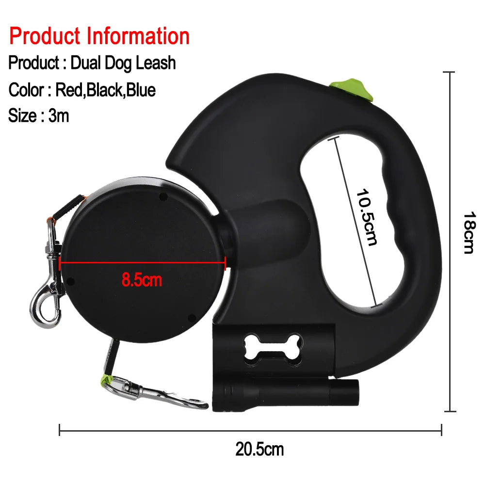 3M Reflective Retractable Dual Dog Leash for Small Dogs with 360-Degree Swivel and Integrated Lights